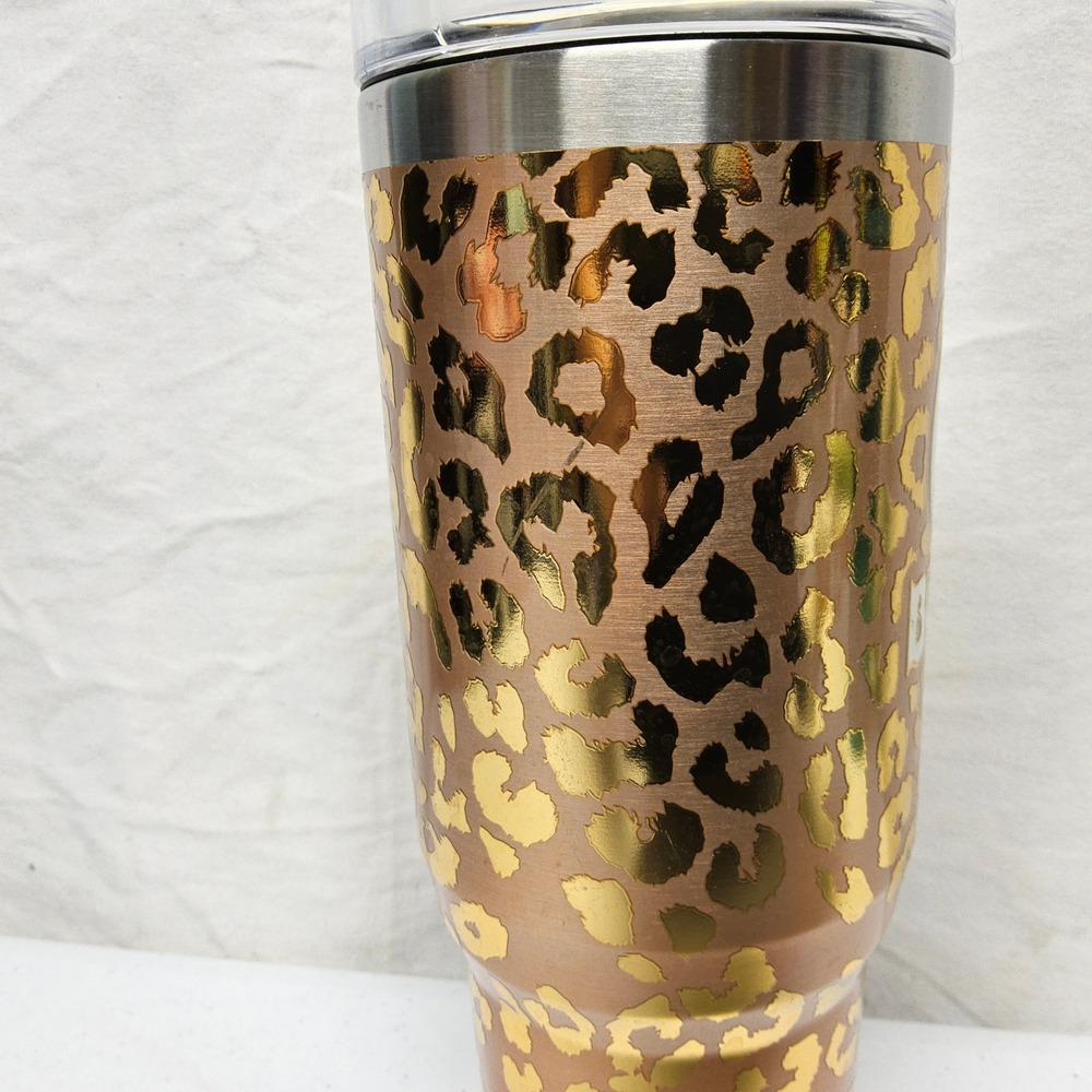Buc-ee's Yukon Outfitters Tumbler 40oz Rose Gold Leopard Print Beaver Logo Lid - Picture 3 of 10
